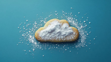 A single cloud-shaped cookie with a light dusting of sugar, set on a bold blue surface, perfect for a whimsical vibeの素材