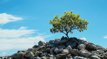 A resilient tree emerging from a pile of rugged stones, basking under a brilliant blue sky in defiance of harsh conditions.の素材