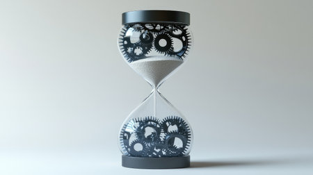 A modern hourglass where fine sand transforms into digital gears at the bottom, symbolizing time's role in driving progressの素材