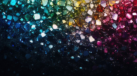 A vibrant spread of sparkling gemstones, with deep reds, blues, greens, and yellows, set against a smooth dark backgroundの素材