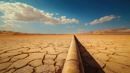 A steel pipeline running across a dry, cracked desert landscape under a cloudless blue sky, symbolizing engineering.の素材