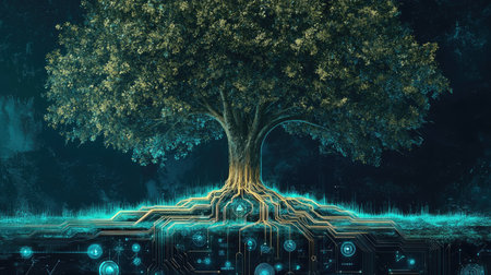 An elegant tree, its roots forming mechanical gears and digital circuits, reflecting a balance of traditional values and cutting-edge leadershipの素材