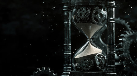 An elegant hourglass with sand particles changing into metallic gears as they drop, representing execution born from the passage of timeの素材