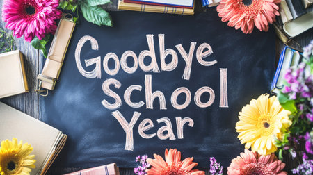 An empty chalkboard with "Goodbye School Year" written in soft chalk letters, surrounded by flowers and booksの素材