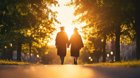 Graduates walking hand in hand into the sunset, framed by blurred trees and plenty of room for textの素材