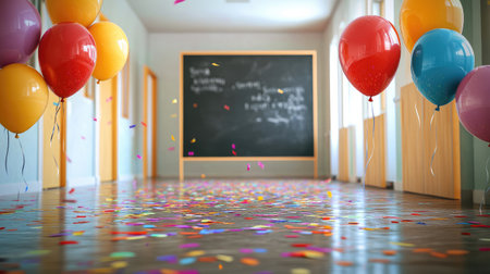 Balloons and confetti in a school hallway, framing a blackboard with space for an end-of-year messageの素材