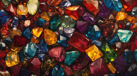 A vibrant spread of sparkling gemstones, with deep reds, blues, greens, and yellows, set against a smooth dark backgroundの素材