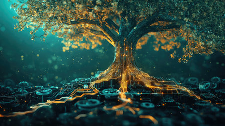 A tree with roots of gears and circuits glowing faintly, symbolizing leadership connecting the past with the future through innovationの素材