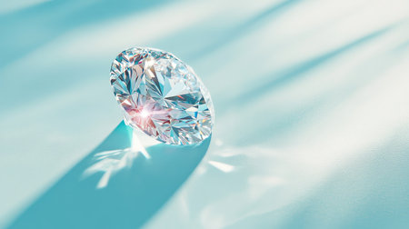 A stunning diamond solitaire reflecting light beautifully on a dreamy pale blue surface, symbolizing timeless loveの素材