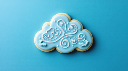 A whimsical cloud-shaped cookie resting on a bright blue background, with intricate icing details that evoke a sense of joyの素材