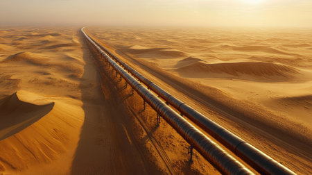 An aerial view of a long pipeline bisecting a sun-scorched desert with shimmering sand dunes under bright daylight.の素材
