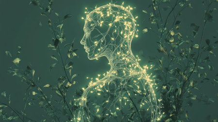 Elegant design featuring a human shape surrounded by delicate, vinelike lines in soft green tonesの素材