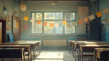 Sunlit classroom with empty desks, decorated with farewell banners and ample space for textの素材