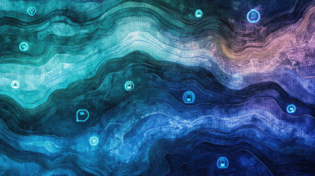 Abstract data river with glowing lock icons and circuit lines in calming watercolor hues, symbolizing cybersecurityの素材