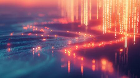 Flowing lines of encrypted data forming glowing lock shapes on a calm, painterly background with soft edgesの素材