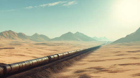 The resilience of industry: a pipeline traversing an endless desert under bright sunlight, emphasizing isolation.の素材