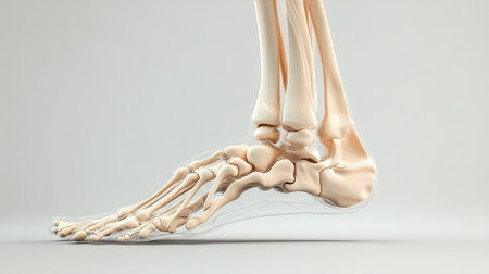 A 3D rendering of a foot skeleton with joint details and clear space for educational use.の素材