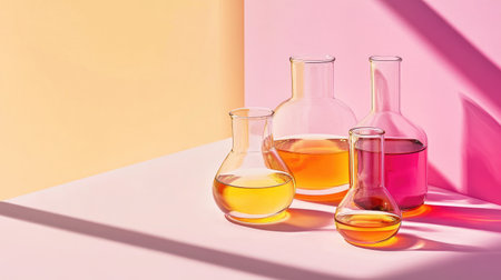 A clean and modern layout of laboratory containers with vibrant liquids on a neutral background.の素材