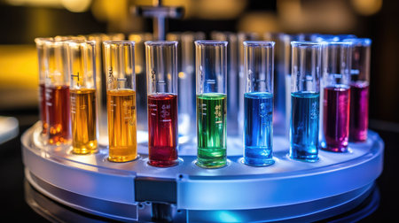 A close-up of a centrifuge with colorful samples spinning in test tubes.の素材