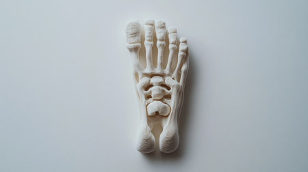 A flat lay of a 3D printed foot bone model isolated on a light background, symbolizing anatomy.の素材