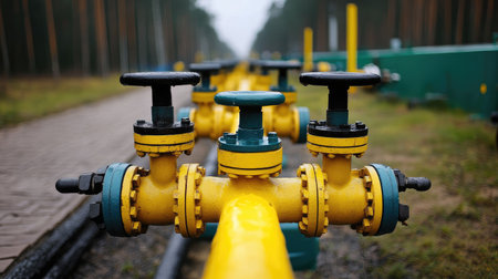A high-resolution shot of industrial pipelines and valves in a chemical processing facility.の素材