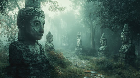 A misty forest clearing with ancient stone statues, their faces worn by time, surrounded by an eerie, haunting silenceの素材