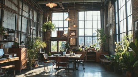 Cozy workspace in an industrial loft with tall windows, vintage furniture, hanging lights, and artistic decorの素材