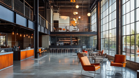 Open-concept loft with tall ceilings, large windows, steel decor, vintage chairs, and bold lighting fixturesの素材