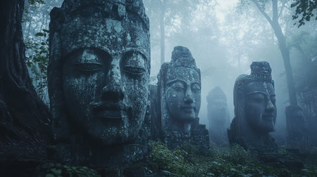 An eerie grove with towering ancient stone statues shrouded in thick, mystical mist, evoking mystery and timelessnessの素材