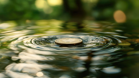 A coin rests in a crystal-clear puddle, surrounded by gentle ripples and serene natural beautyの素材