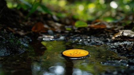 A golden coin in a peaceful puddle reflects the surrounding greenery, symbolizing balance and harmonyの素材