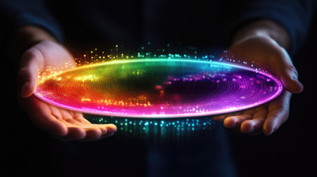 A glowing holographic interface representing an interactive marketing campaign, vibrant colors blending with a clean backgroundの素材