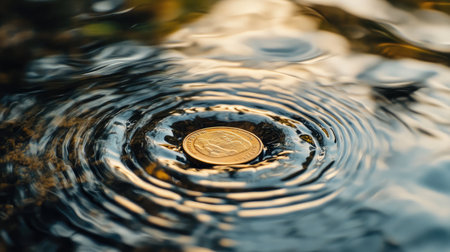 A coin rests in a crystal-clear puddle, surrounded by gentle ripples and serene natural beautyの素材