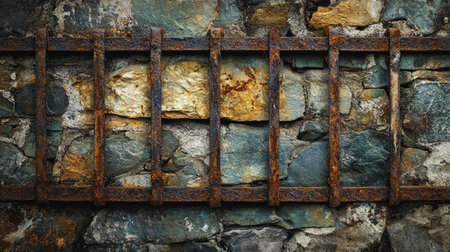A rustic stone wall with faded iron bars, symbolizing a bygone era of confinement and human enduranceの素材