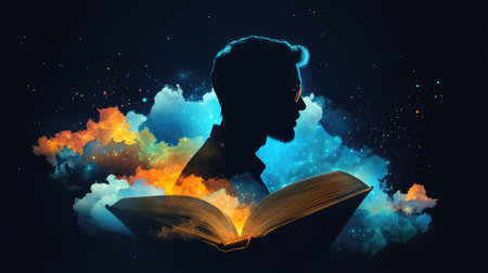 A manager's silhouette layered with an open book and vibrant clouds, a metaphor for intellectual growthの素材