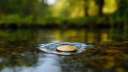 A tranquil puddle holds a gleaming coin, set against a serene natural backdrop of greenery and calmの素材