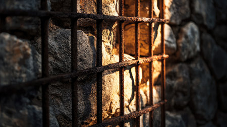 Ancient stone wall remnants with rusted iron bars, illuminated by soft light to convey historical significanceの素材