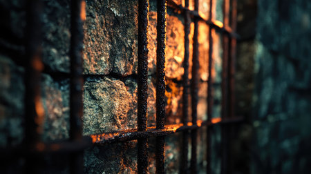 Ancient stone wall remnants with rusted iron bars, illuminated by soft light to convey historical significanceの素材