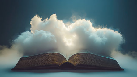 Creative double exposure of a book opening into clouds, representing knowledge and growth in leadershipの素材