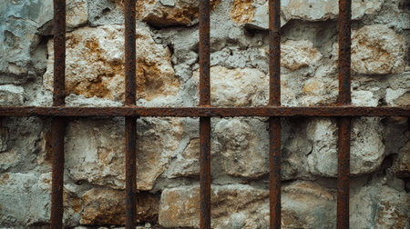 Cracked stone wall with corroded iron bars, portraying a vivid sense of historical struggle and confinementの素材