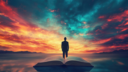 Managerial learning concept with a silhouette and an open book transitioning into a vibrant skyの素材
