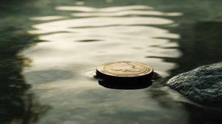 Suspended in tranquil waters, a coin catches soft light amidst a serene, natural settingの素材