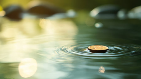 Suspended in tranquil waters, a coin catches soft light amidst a serene, natural settingの素材