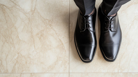 A man sleek oxford shoes stepping forward on a light marble floor, symbolizing work, professionalism, and business successの素材