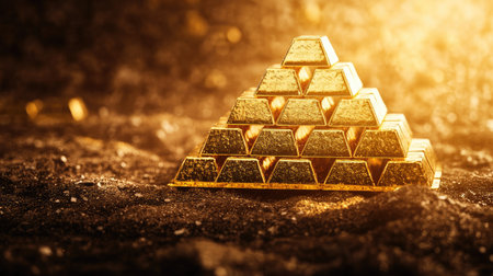 A pyramid of gold bars reflecting warm light, positioned against a dark textured background, symbolizing ultimate success and fortuneの素材
