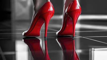 Close-up of glossy red high heels walking on a sleek black floor, highlighting ambition, elegance, and professional confidenceの素材