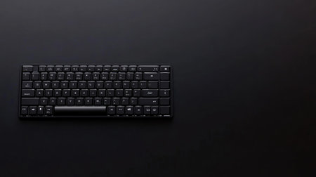 Top view of a black backlit keyboard with vibrant RGB lighting, no logo, arranged on a smooth black surface, futuristic aestheticの素材