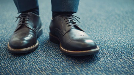 Professional mans leather shoes walking confidently on a clean carpeted surface, embodying success and determination in businessの素材