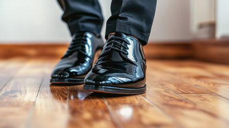Close-up of shiny black shoes with visible stride on a clean wooden floor, highlighting elegance and professional successの素材