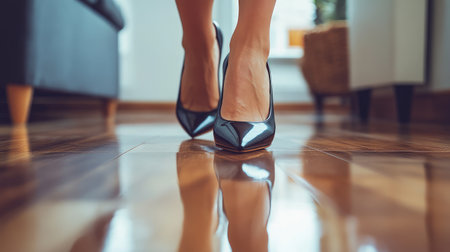 Close-up of pointed-toe heels in stride on a glossy wooden floor, showcasing elegance, work ethic, and professional successの素材